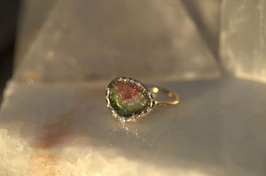 Watermelon Tourmaline Slice Free Form Diamond Bezel Ring