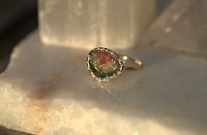 Watermelon Tourmaline Slice Free Form Diamond Bezel Ring