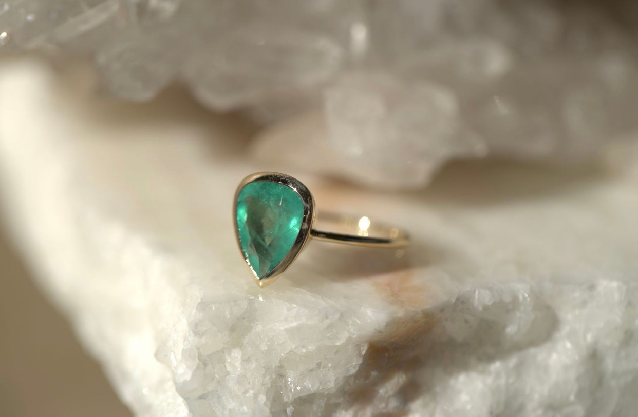 Pear Colombian Emerald Bezel Set Ring