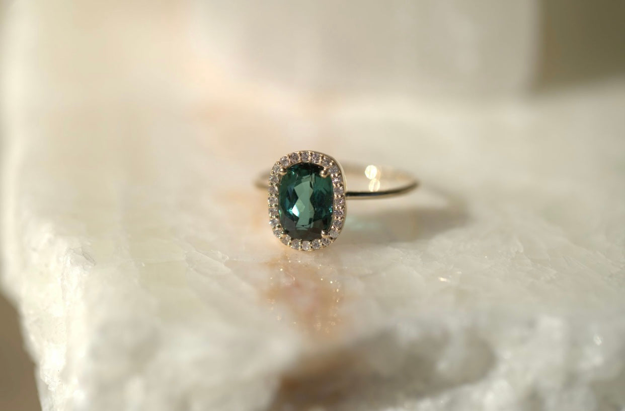 Blue Green Tourmaline with Diamond Halo Ring