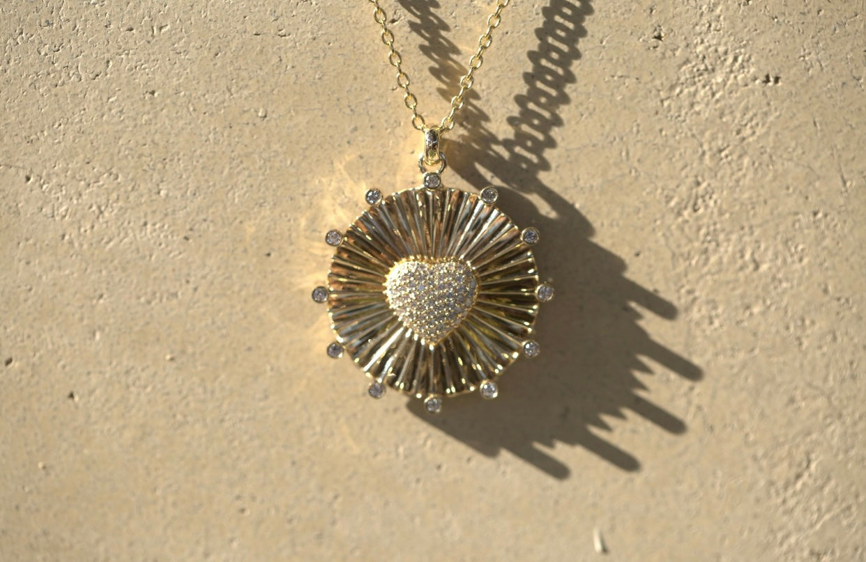 Pleated Disc with Pave Diamond Heart Necklace