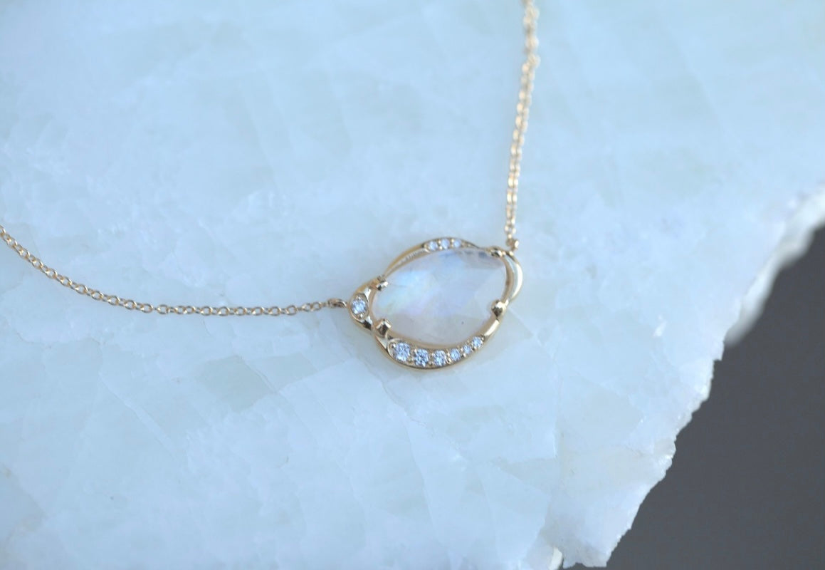 Rainbow Moonstone Slice Freeform Diamond Necklace