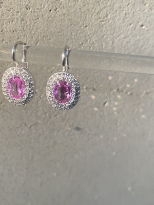 Bubblegum Pink Sapphire & Diamond Halo Drop Earrings