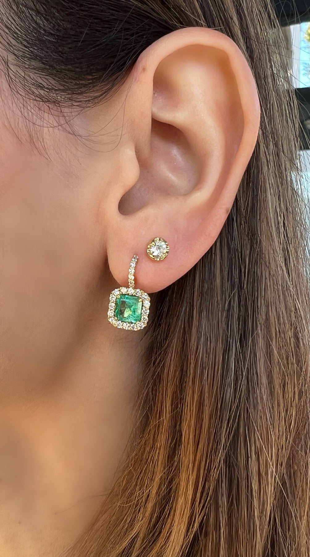 Cushion Cut Colombian Emerald with Diamond Halo Drop Earrings