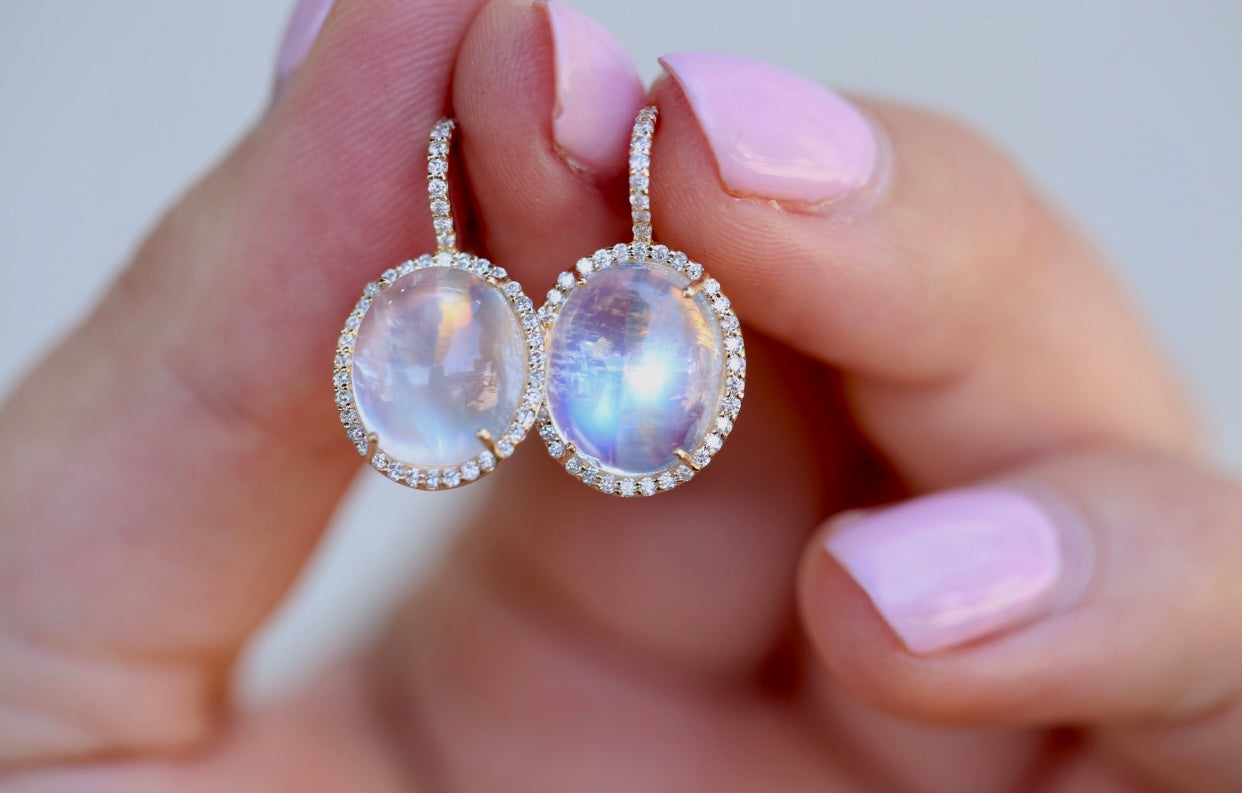 Oval Moonstone Diamond Halo Drop Earrings