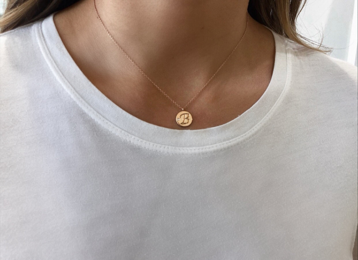 Engraved Initial Disc Diamond Necklace