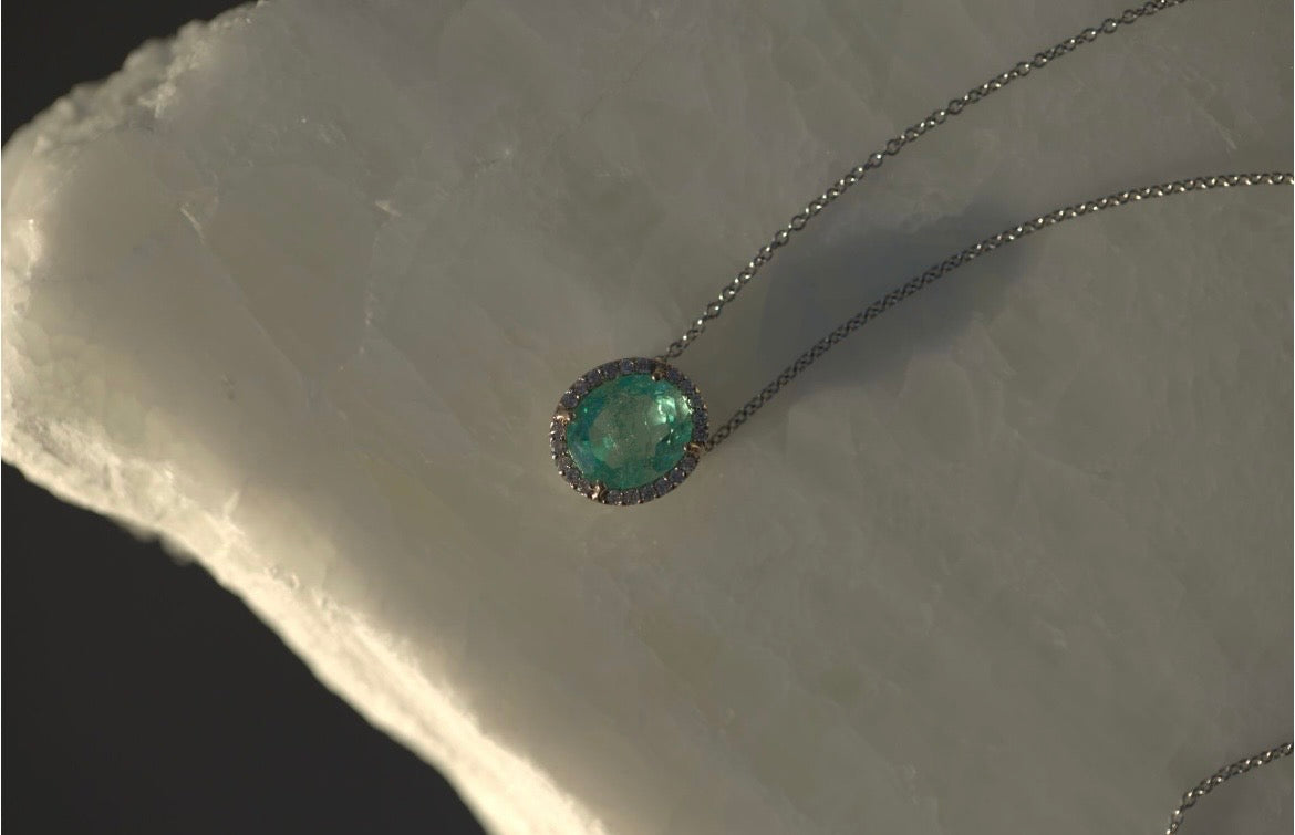 Oval Emerald with Diamond Halo Necklace