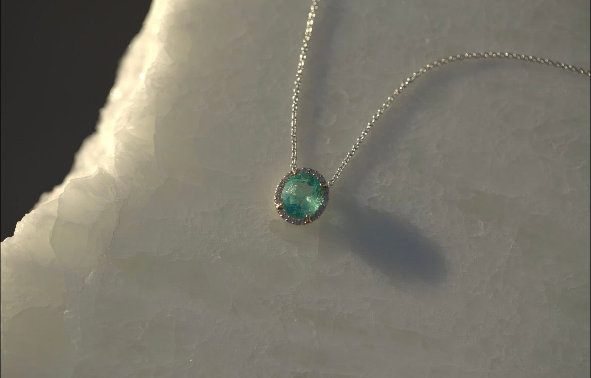 Oval Emerald with Diamond Halo Necklace