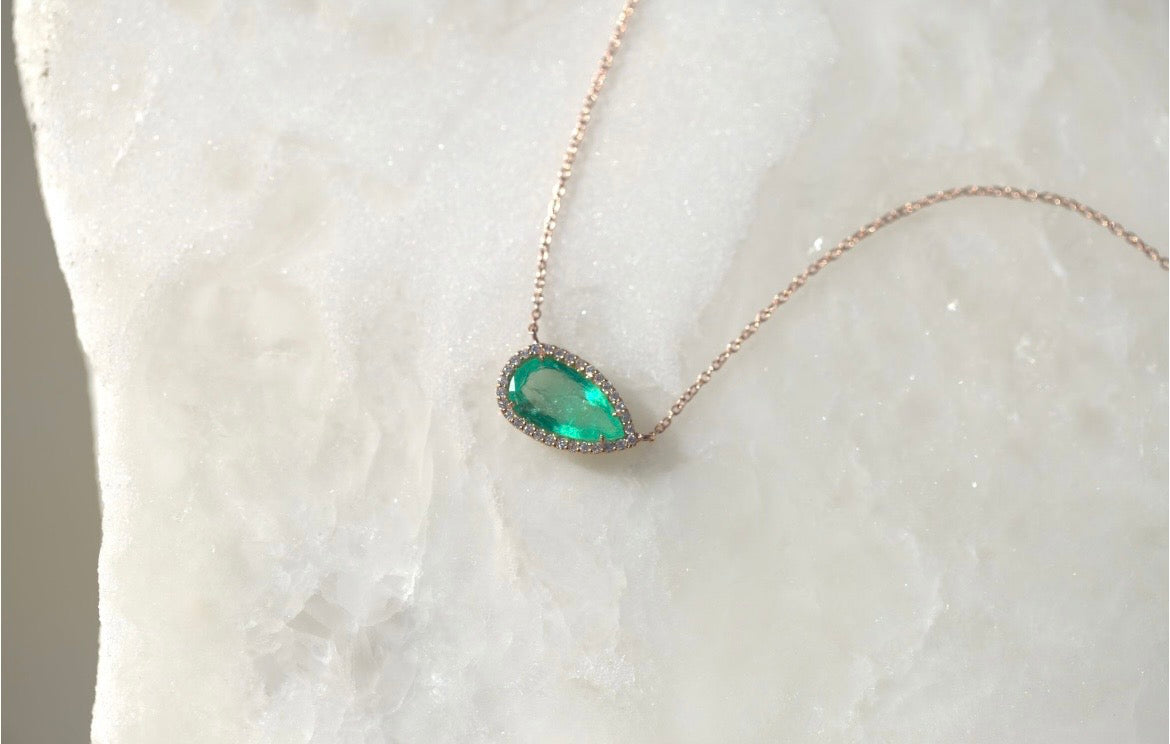 East West Emerald & Diamond Halo Necklace