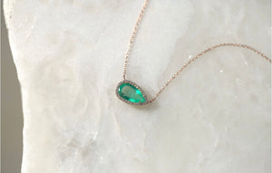 East West Emerald & Diamond Halo Necklace