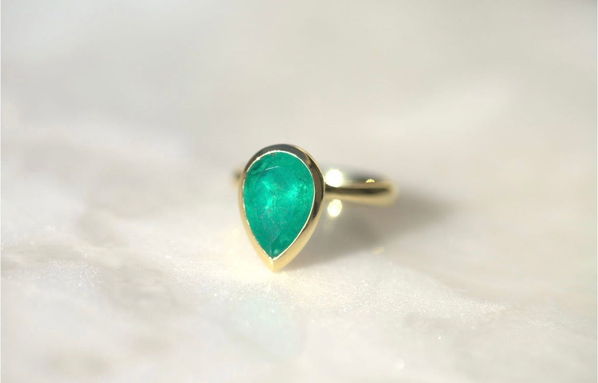 Pear Emerald Bezel Set Ring