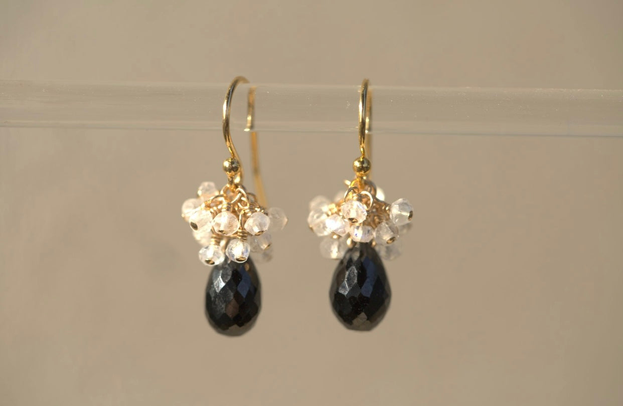 Black Garnet & Moonstone Cluster Earrings