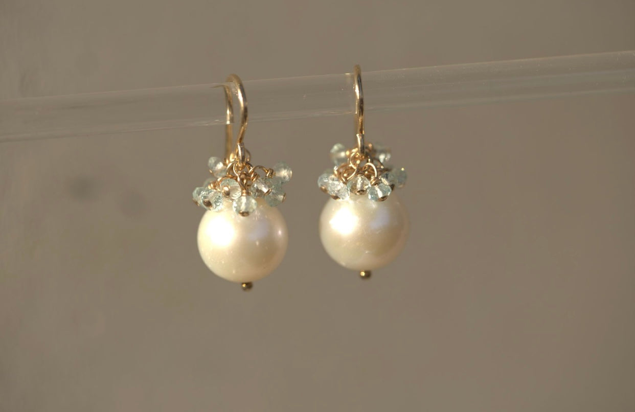 Pearl & Aqua Marine Cluster Drop Earrings