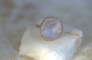 Moonstone Slice with Pink Sapphire Halo Ring