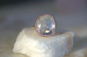 Moonstone Slice with Pink Sapphire Halo Ring