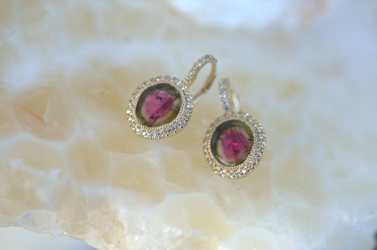 Watermelon Tourmaline Slice & Diamond Halo Earrings