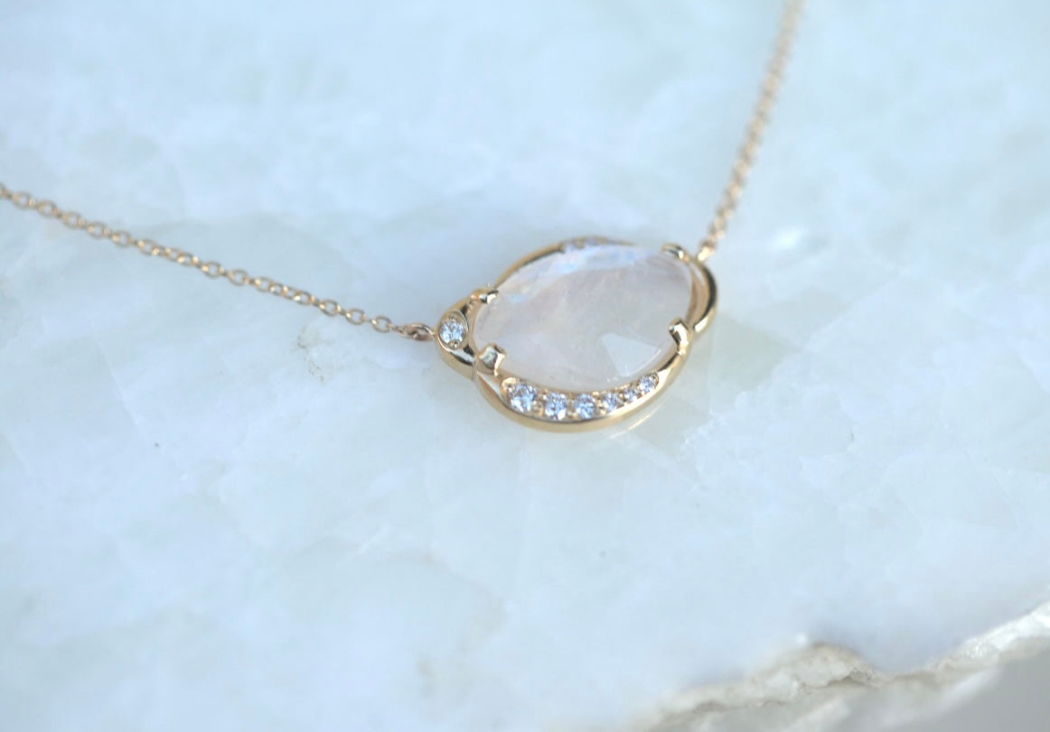 Rainbow Moonstone Slice Freeform Diamond Necklace