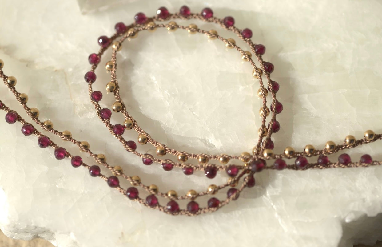 Red Garnet & Gold Filled Beads Wrap Around Bracelet