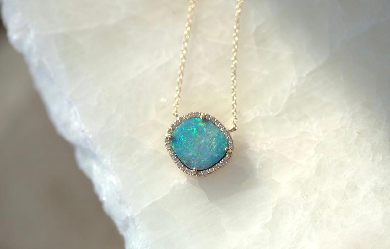 Australian Opal & Diamond Halo Necklace