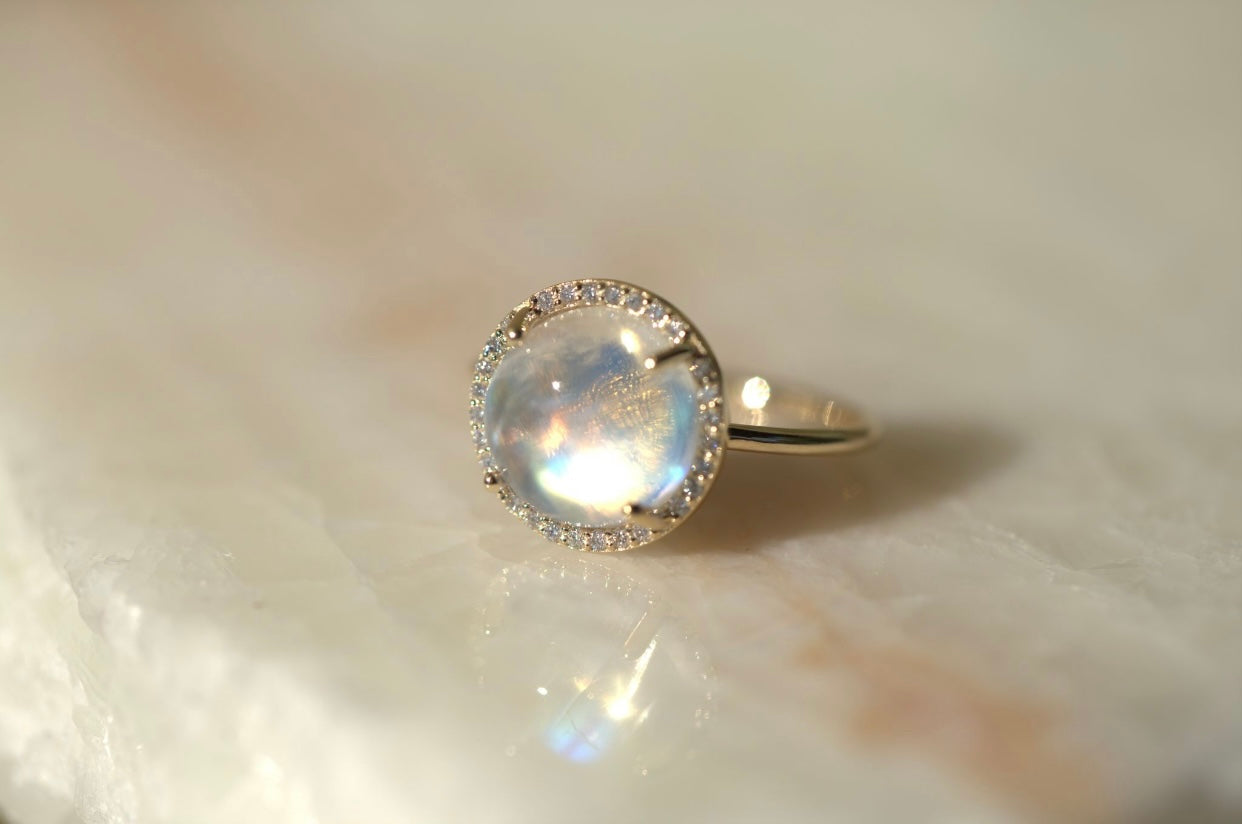 Moonstone with Diamond Halo Ring