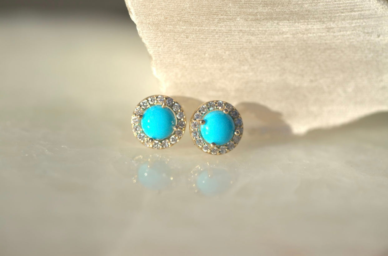 Sleeping Beauty Turquoise with Diamond Halo Stud Earrings