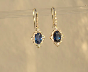 Blue Sapphire & Diamond Art Deco Drop Earrings