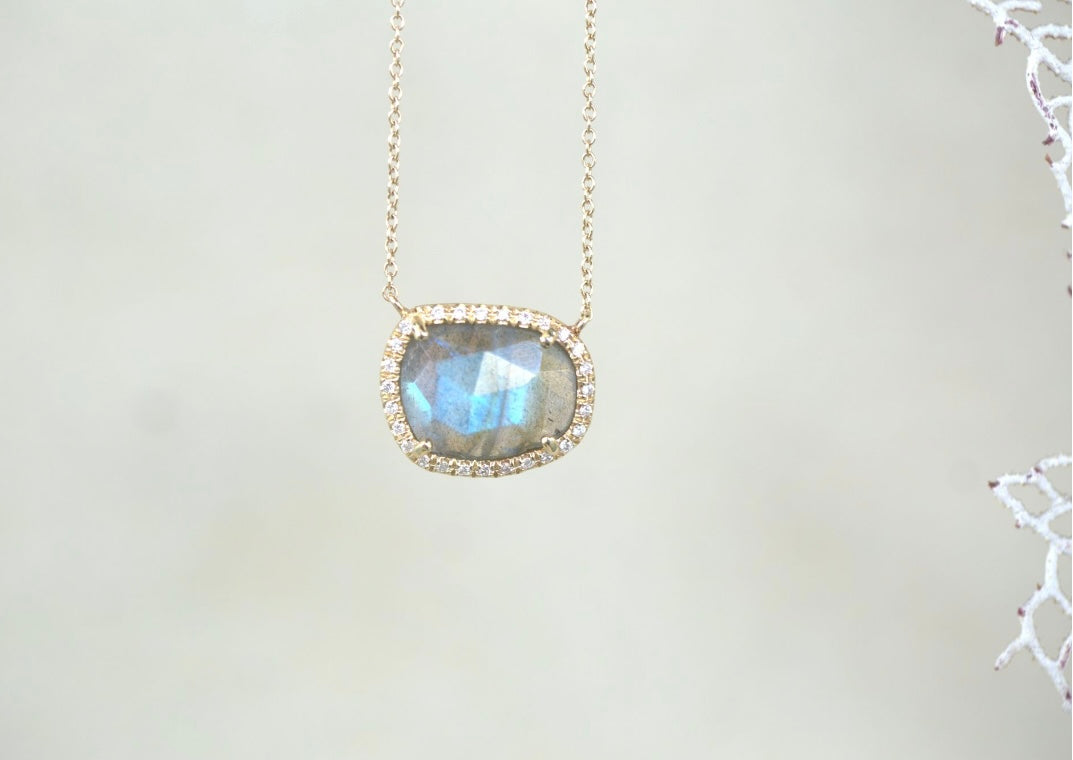 Labdradorite Slice with Diamond Halo Necklace