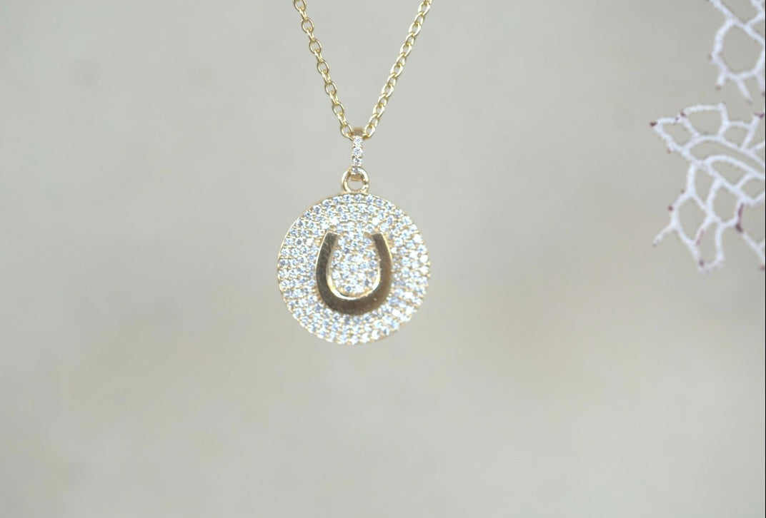 Lucky Charm Horseshoe Diamond Pave Disc Necklace