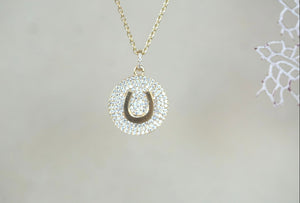 Lucky Charm Horseshoe Diamond Pave Disc Necklace