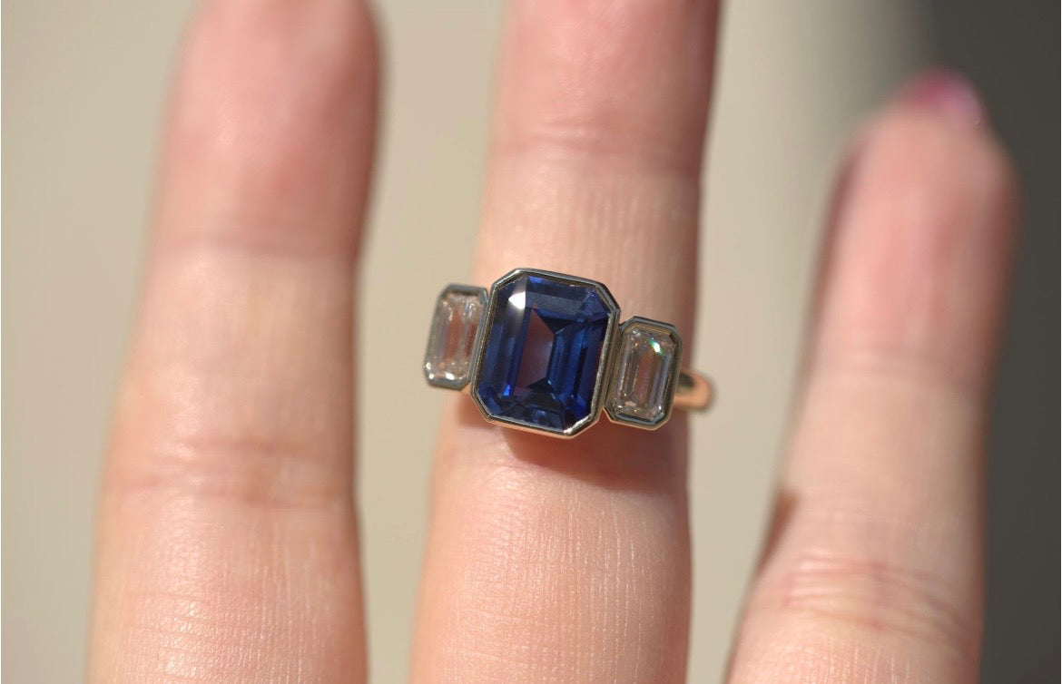 Trinity Lab Blue Sapphire & Lab Diamond Ring