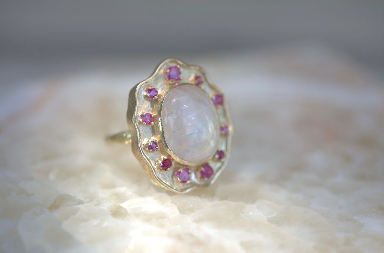 Vintage Shield Moonstone & Pink Sapphire Ring