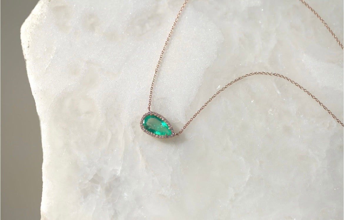 East West Emerald & Diamond Halo Necklace