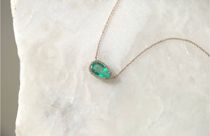 East West Emerald & Diamond Halo Necklace