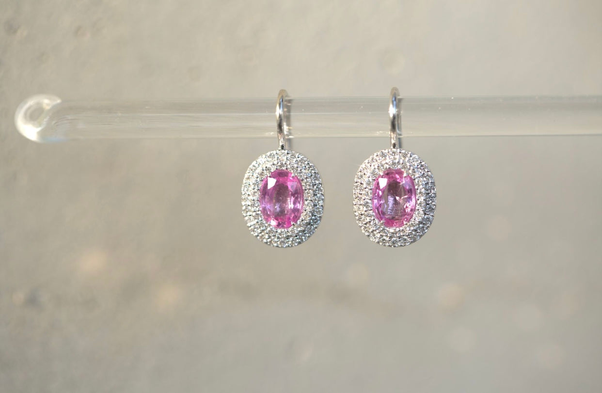 Bubblegum Pink Sapphire & Diamond Halo Drop Earrings