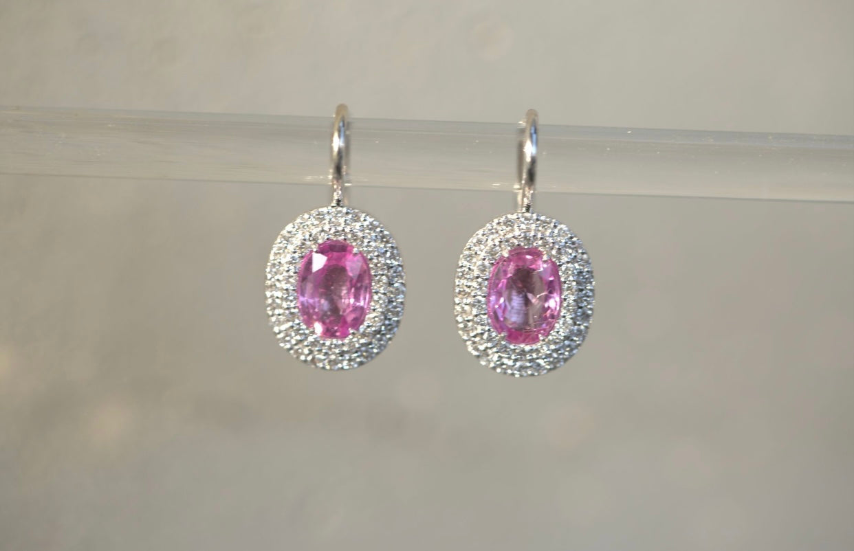 Bubblegum Pink Sapphire & Diamond Halo Drop Earrings
