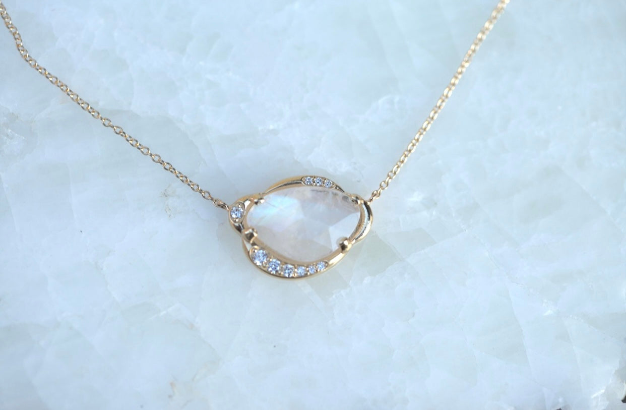 Rainbow Moonstone Slice Freeform Diamond Necklace
