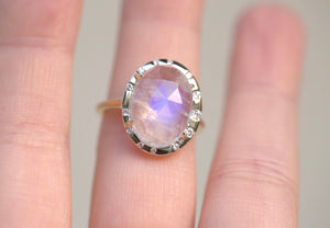 Oval Rainbow Moonstone Freeform Diamond Ring