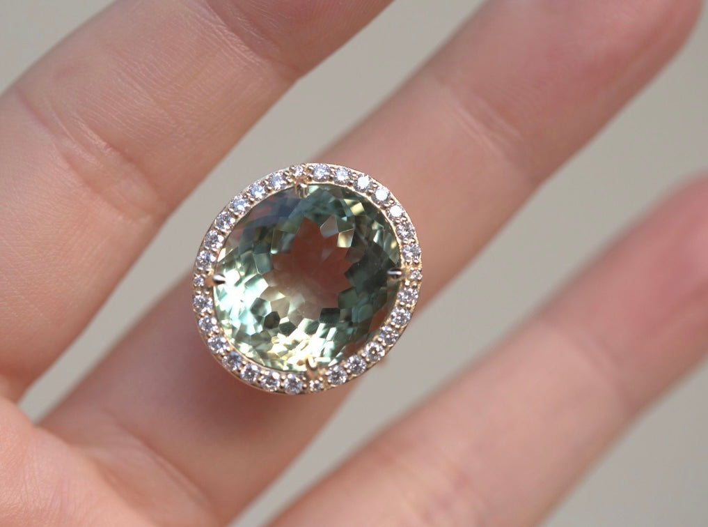 Oval Prasiolite & Diamond Halo Ring