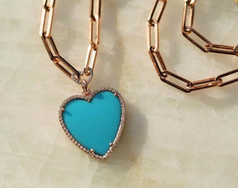 Turquoise Heart with Diamond Halo on Paperclip Chain Necklace