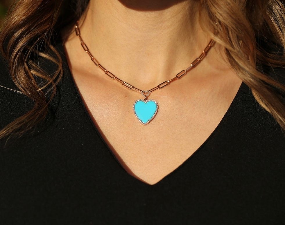 Turquoise Heart with Diamond Halo on Paperclip Chain Necklace