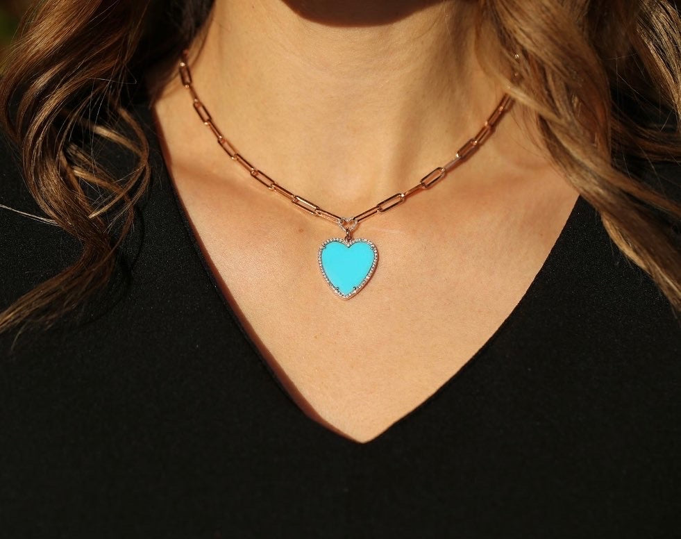 Turquoise Heart with Daimond Halo on Paperclip Chain Necklace