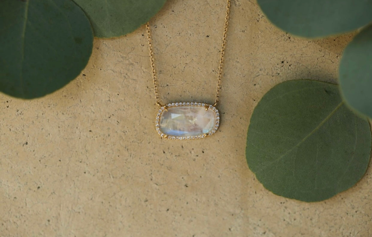 Rainbow Moonstone Slice with Diamond Halo Necklace