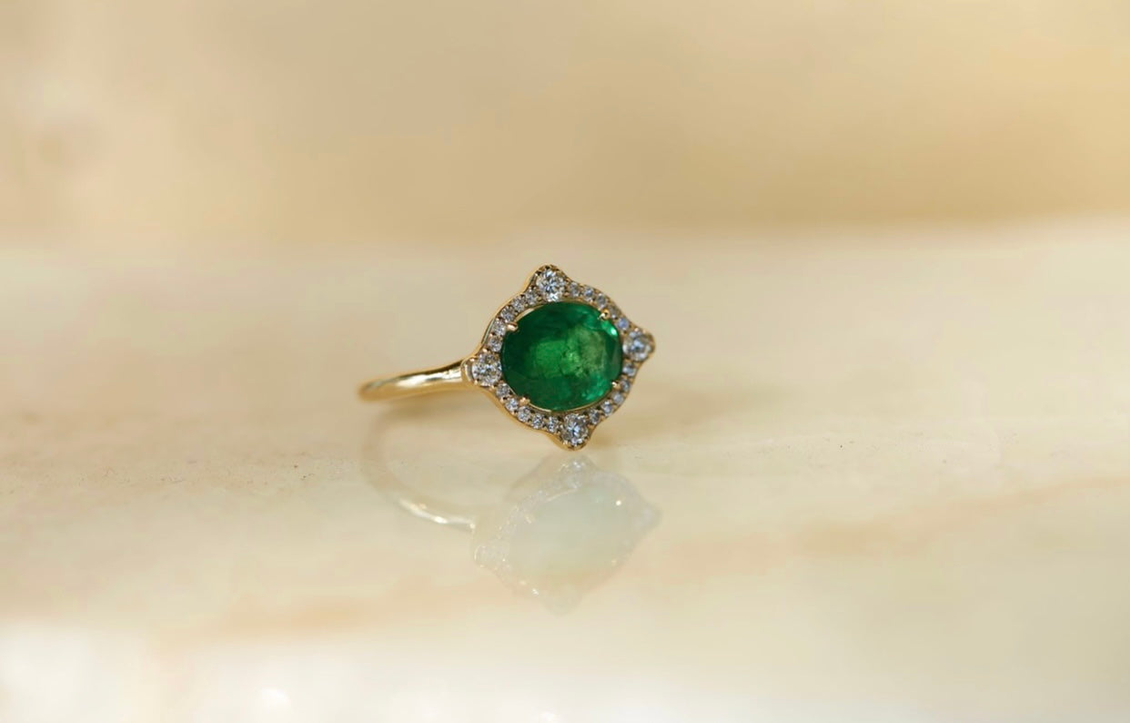 Art Deco Colombian Emerald with Diamond Halo Ring