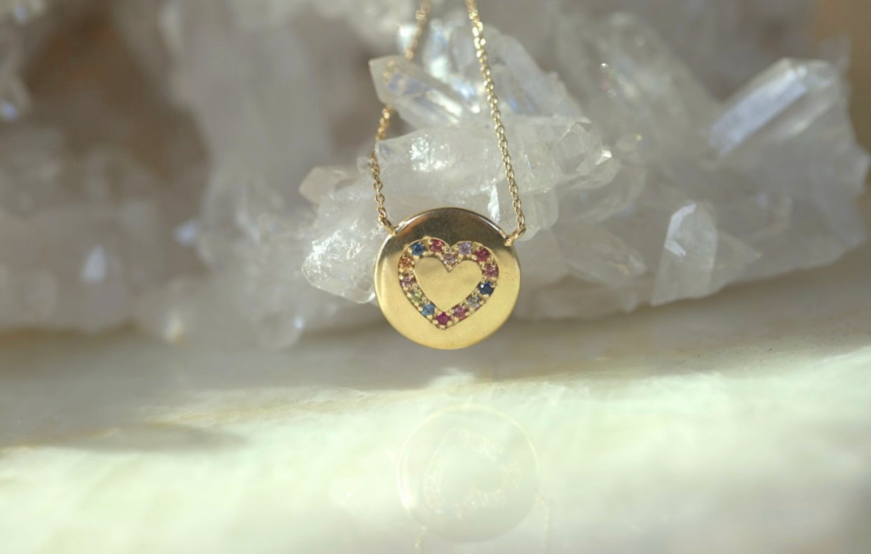 Open Heart Disc with Multi Color Sapphires Necklace