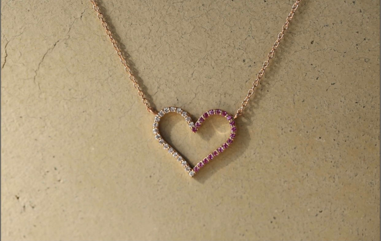 Half & Half Open Diamond and Pink Sapphire Heart Necklace