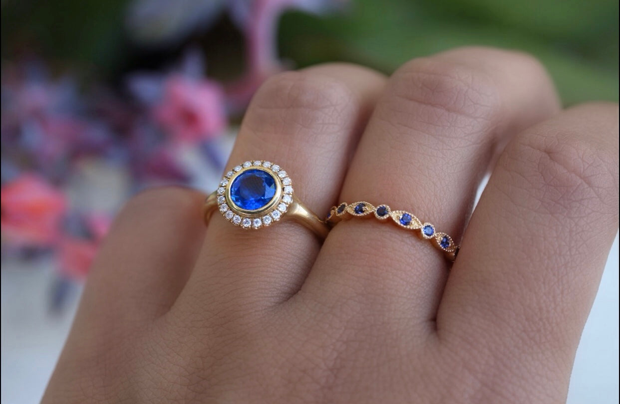 Blue Sapphire & Diamond Halo Ring
