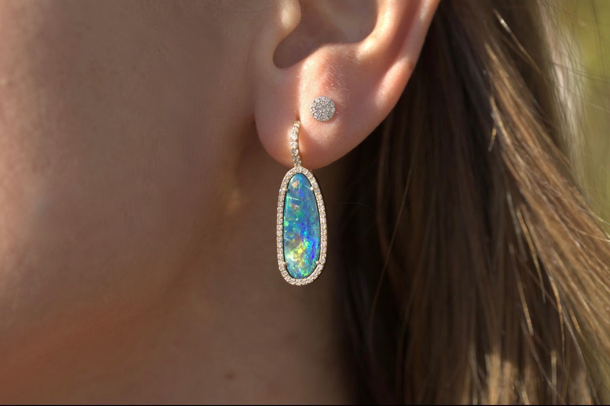 Australian Opal Slice Diamond Halo Drop Earrings