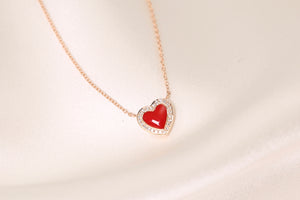 Red Enamel Heart Diamond Halo Necklace