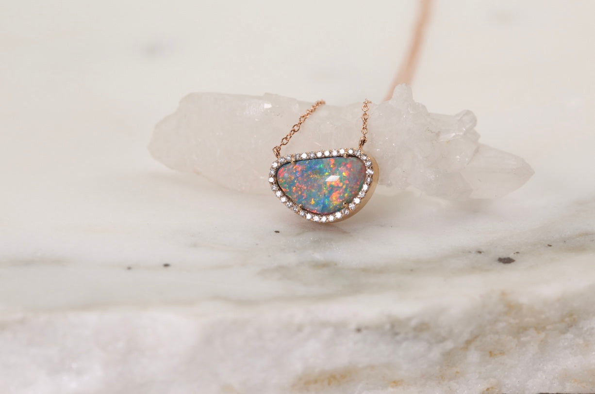 Australian Opal Slice Diamond Halo Necklace