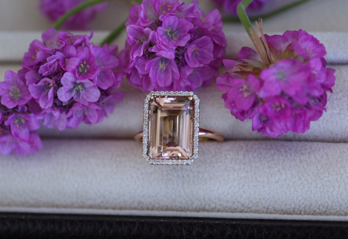 Morganite Emerald Cut Diamond Halo Ring